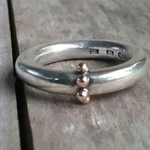 Gold and silver halo ring,10k balls,sterling silver band,two tone ring.4mm round,unisex ring, wedding ring,chunky band,mixed metal ring