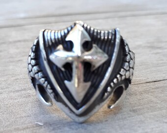 cross ring,solid,sterling silver,knights templar,christian,medieval,shield,religious,steampunk,goth,grunge,vintage,dragon,snake skin,