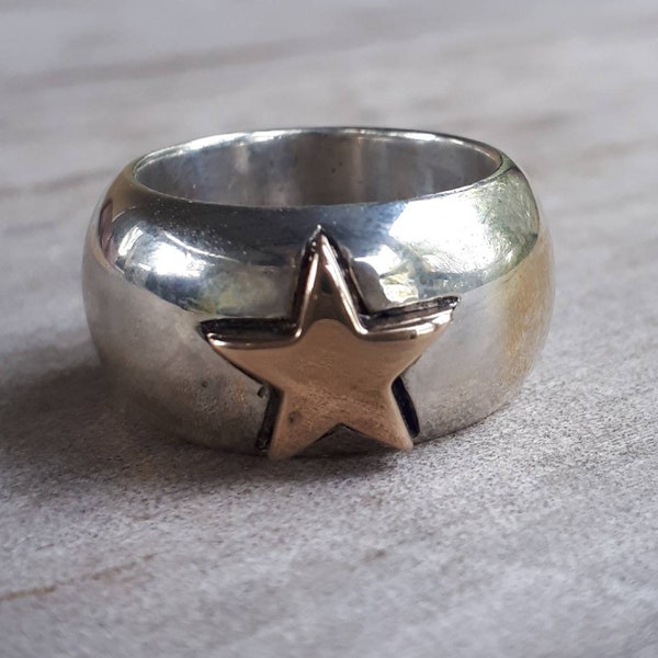 star ring,chunky,9ct gold star,sterling silver,two tone ring,boho,wedding band,half round ,D band,hipster,unisex ring,handmade,hippy,goddess