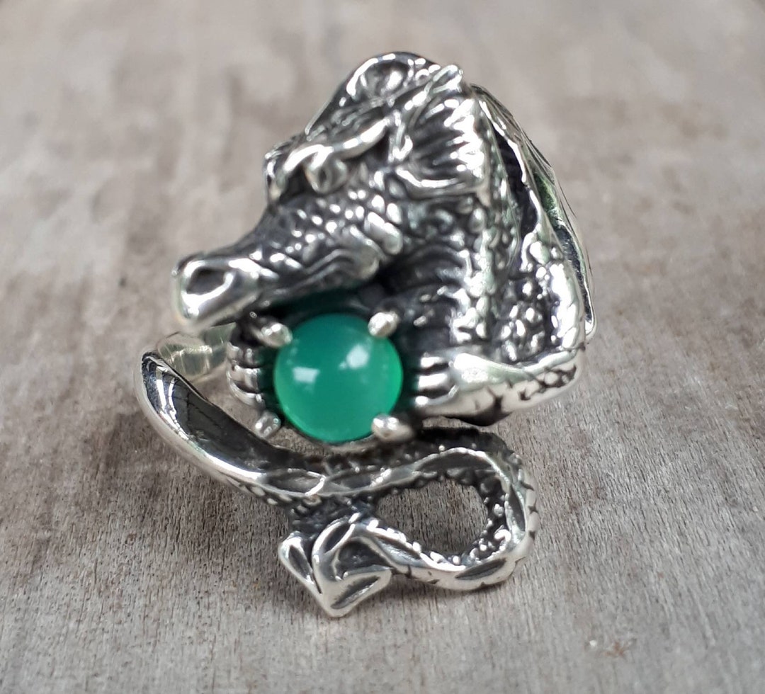 Dragon Ring Green Onyx Sterling Silver Fantasy Mythical Steampunk Gothic  Punk Green Stone Ring
