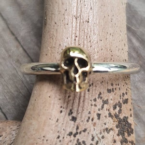 Gold skull ring,two tone,9k gold skull on a sterling silver band, gothic,punk,women&#39;s skull,mixed metal ring pinkie,handmade,boho,rockabilly