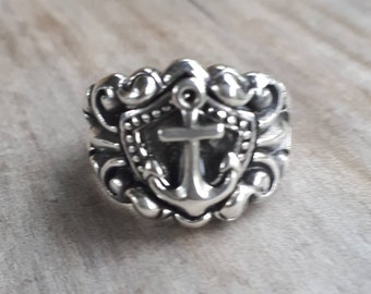 Anchor ring,chunky ring,sterling silver anchor,nautical ring,handmade, pirate,sailor,marine,surfer,shield ring,hipster,vintage scroll,