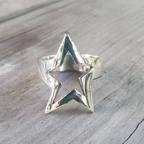 star ring,large,Sterling silver,flat,five pointed star,unisex,boho,hipster,bespoke,