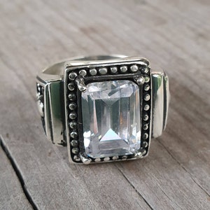 Large cz signet ring,skull and cross bone,sterling silver, rectangle cubic zirconia ,steampunk,gothic, punk,biker,pirate,skull,mans fashion