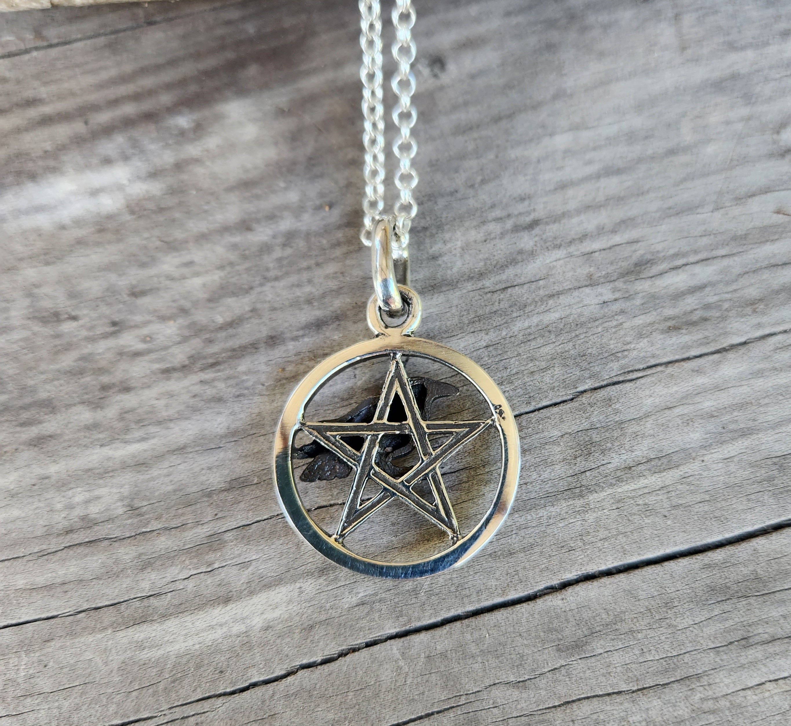 Sterling Silber Krähe & Pentagramm Mond Anhänger