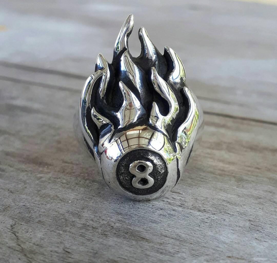 Eight Ball Flame Ring,solid Sterling Silver, Pool,billards,muscle Car ...