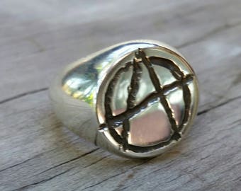 Large Anarchy Ring, Sterling Silver,rebel, Steampunk, Punk