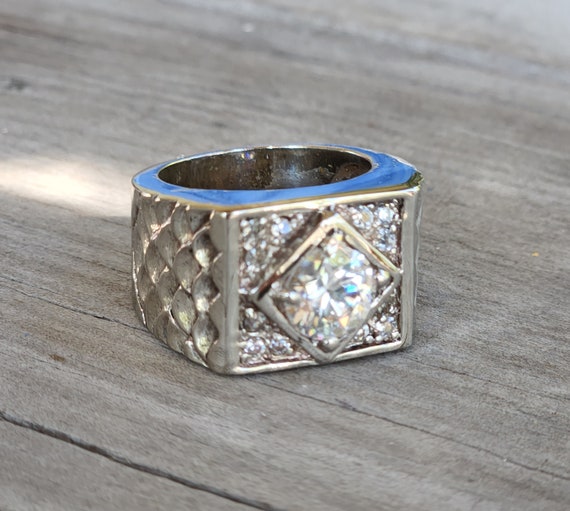 Large square ring,cubic zirconia,cz,sterling silver,vintage signet,chunky bling,wedding dress ring,bling stone ring,