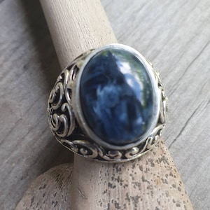 Pietersite,Tigers eye,chunky ring, sterling silver,beautiful scroll sides,vintage style,Japanese style waves,mens fashion,boho,