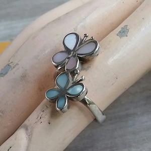 Butterfly ring,sterling silver,mother of pearl,inlay,shell, paua,abalone,handmade,goddess,boho,art nouveau,retro,long ring,