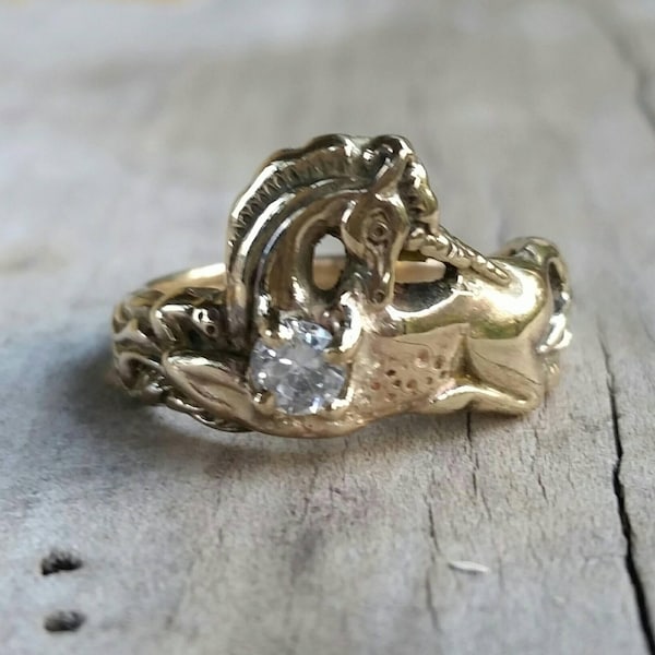 Gold Unicorn ring,solid 9ct gold, mythical horse, fantasy,cubic zirconia, new age boho, hippy