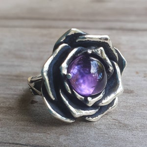 Rose ring,amethyst,sterling silver,handmade,large rose,boho,big chunky ring steampunk, gothic, art nouveau ,victorian