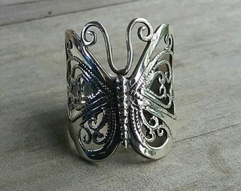 butterfly ring,boho,sterling silver,filegree,long ring,vintage,art nouveau,handmade,women's fashion,rockabilly,shabby chic,goddess,