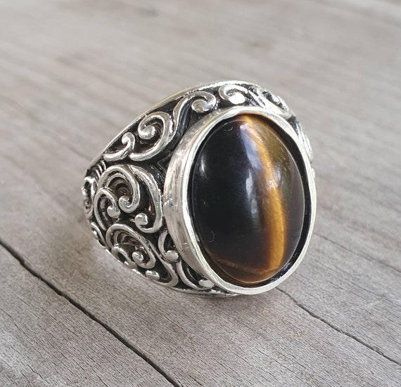 Tigers Eye Chunky Ring, Sterling Silver,beautiful Scroll Tigers Eye Chunky Ring, Sterling Silver,beautiful Scroll