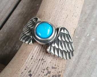 Angel wings ring,turquoise,sterling silver,goddess,feather, bird,boho,fairy,etheric,fantasy,pinkie ring,