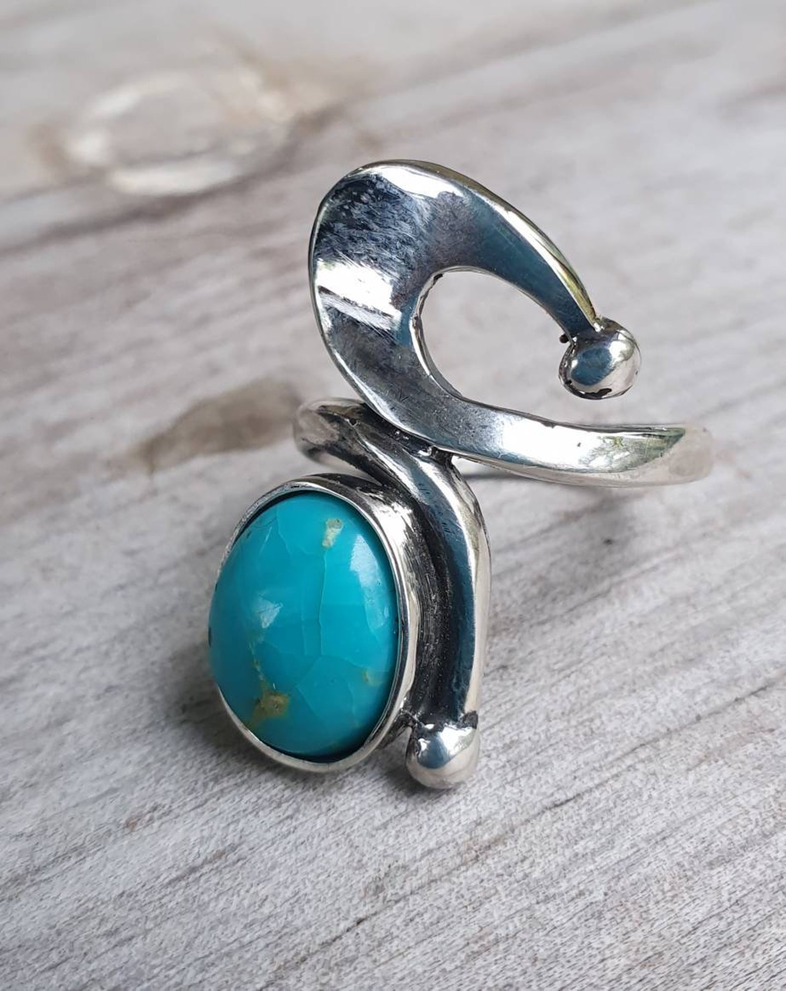 Long Turquoise Ring Sterling Silver Art Deco Art Nouveau Swirl. - Etsy