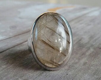 Golden, rutilated quartz,stone ring,sterling silver, boho,shic,new age,solitare,women's fashion,handmade,gypsy,hippy,large ring,hipster,