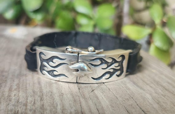 silver flame bracelet,925 sterling silver,mens wide leather bracelet,handmade