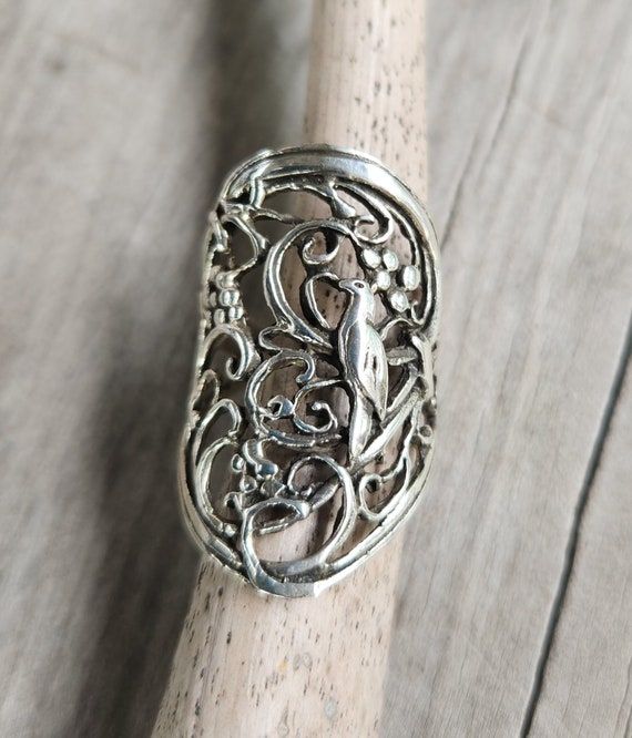 Sterling Silver Bird Perched on Branch Wrap Ring Sterling Silver Bird Perched on Branch Wrap Ring