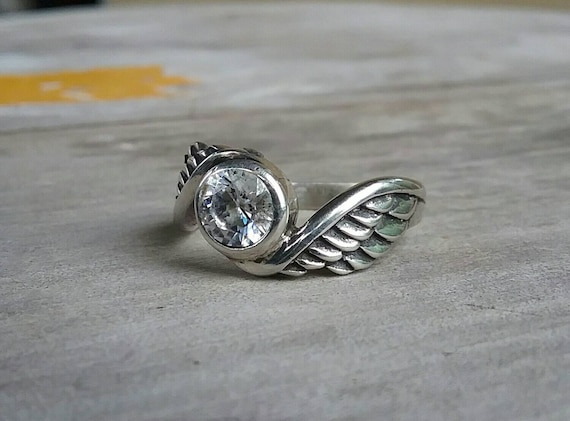 sterling silver  cubic zirconia angel goddess winged ring alternative steampunk gothic art nouveau victorian