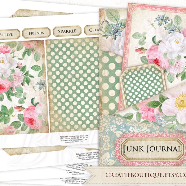 Junk Journal Ephemera Digital Kit, Journaling Pockets, Cards, Embellishments. Instant Download for Scrapbooking, garden, roses, flowers
