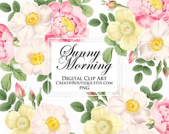 Sunny Morning Flower Digital Clip Art. Bouquets transparent background for scrapbooking, wedding invitations, stickers, journaling
