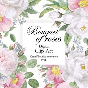 Arte de clipe de flores em aquarela de rosas vintage. Adesivos digitais. Corte exigente para impressão. PNG. Digitalizar e cortar. Buquês Botânicos. Buquês florais