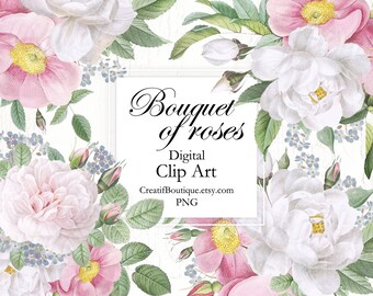 Vintage Roses Watercolor Flowers Clip Art. Digital stickers. Printable Fussy Cut. PNG. Scan n Cut. Botanical Bouquets. Floral Bouquets