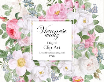Vintage Flowers Digital Clip Art. Flower bouquets transparent background for scrapbooking, wedding invitations, iron transfer. Stickers