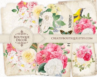 Digital Summer Bright Colors Vintage Flower Bouquets Tags. Printable cards. Digital collage sheets for papercrafting. Journaling ephemera.