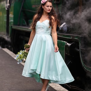SALE Size 10, mint green high low wedding / occasion dress, with a sweetheart neckline and gorgeous ivory lace detail