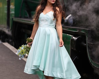 SALE Size 10, mint green high low wedding / occasion dress, with a sweetheart neckline and gorgeous ivory lace detail