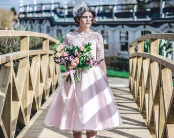 Made to order, 50s inspired pink and ivory lace bateau neckline wedding dress, with 3/4 sleeves, UK sizes 6-24