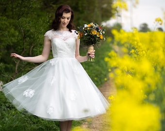 Ivory tea length wedding dress, 50s style lace dress with capped sleeves & pearl button back, ISABELLE DRESS, made to order in UK sizes 6-24