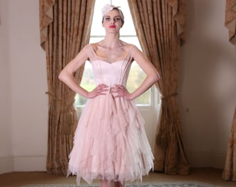 Blush pink glitter tulle layered tea length wedding dress. Made to order in UK sizes 6-24