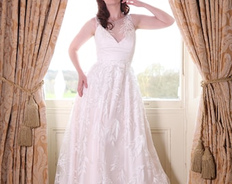 Ivory leaf tulle A-line wedding dress, with covered button back fastening, made to order in UK sizes 6-24