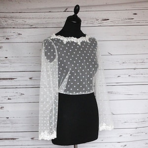 Ivory bridal polka dot tulle top overlay with floral lace image 1