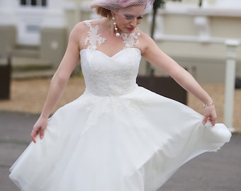 Size 12 Sample Sale, Ivory illusion lace tea length 50s style wedding dress, sweetheart neckline and tulle skirt, LOTTIE DRESS