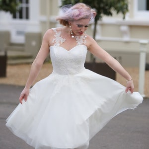 Size 12 Sample Sale, Ivory illusion lace tea length 50s style wedding dress, sweetheart neckline and tulle skirt, LOTTIE DRESS