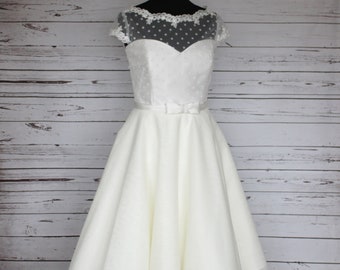 Ivory polka dot and tulle tea length 50s style wedding dress, with capped sleeves, floral trim and bow belt, made to order in UK sizes 6-24