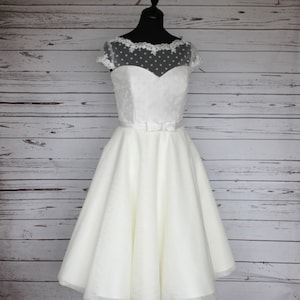 Ivory polka dot and tulle tea length 50s style wedding dress image 1