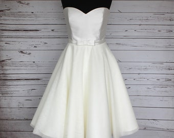 Mikado and tulle tea length 50s style wedding dress, sweetheart bodice, four layers of soft tulle and bow belt, UK sizes 6-24