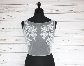 Bridal illusion top overlay, with smoke grey blue appliques and button back, cover up, lace topper, bridal separates, UK sizes 6-24