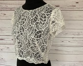 Ivory leaf lace bridal top, with open back and scalloped edging, made to order in UK sizes 6-24