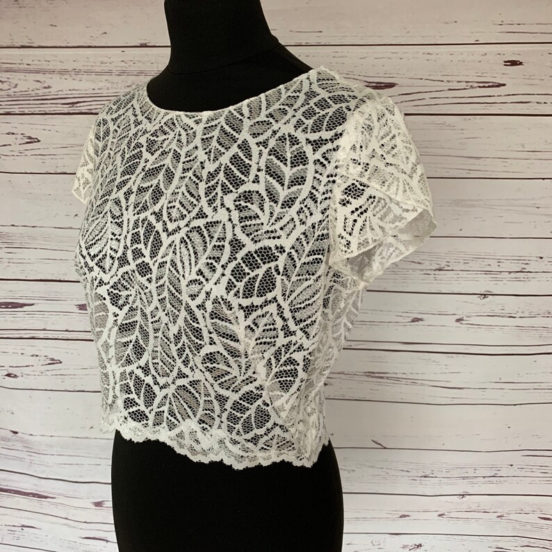 Ivory leaf lace bridal top with open back and scalloped image 1