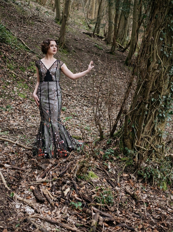 Black embroidered tulle mermaid dress with coloured flowers, over a champagne duchess satin base, made to order in UK sizes 6-18