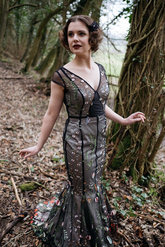 Black Embroidered Tulle Mermaid Dress With Coloured Flowers, Over  