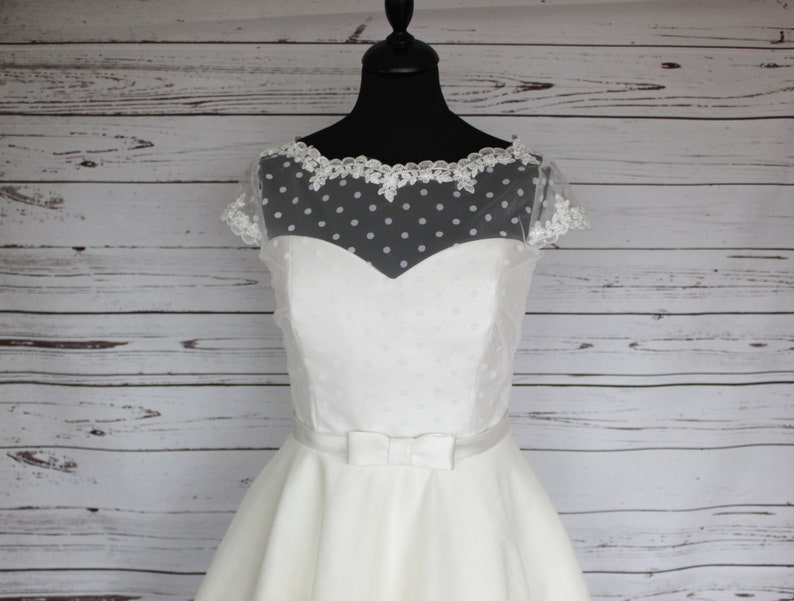 Ivory polka dot and tulle tea length 50s style wedding dress image 8