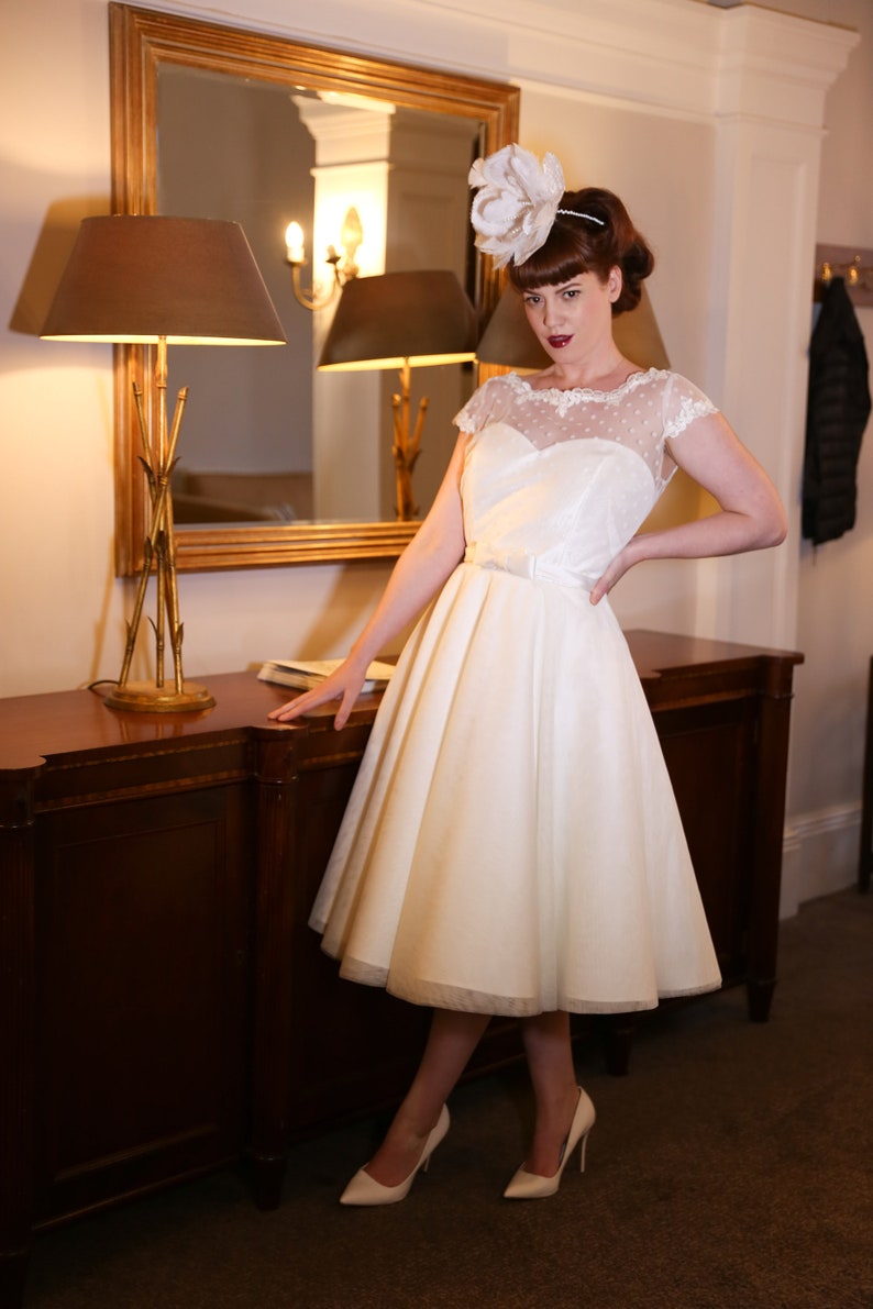 Ivory polka dot and tulle tea length 50s style wedding dress image 3