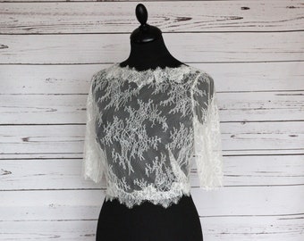 Ivory delicate lace bridal top, with covered button back and scalloped edging, made to order in UK sizes 6-24